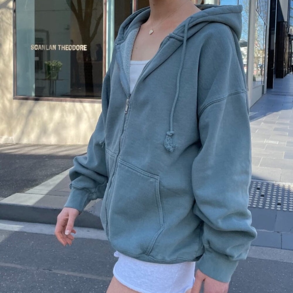BRANDY MELVILLE JOHN GALT OVERSIZED CHRISTY ZIP-UP HOODIE IN DARK SAGE